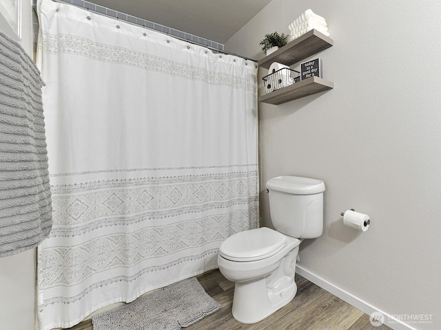bathroom with toilet, baseboards, and wood finished floors