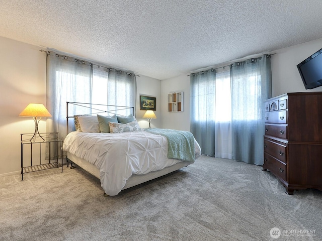 carpeted bedroom with a textured ceiling