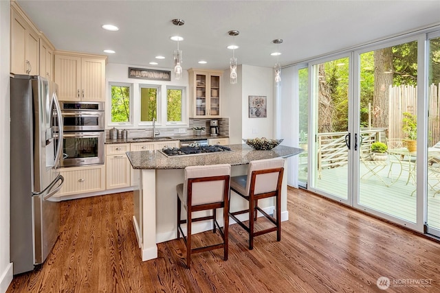 kitchen featuring a sink, stainless steel appliances, wood finished floors, and a wealth of natural light