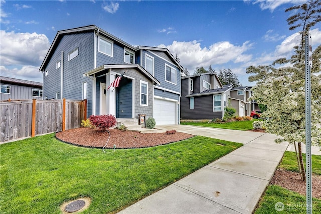 5198 Sophie St, Bremerton, WA 98312 - view of front of property featuring driveway, a residential view, a garage, fence, and a front lawn