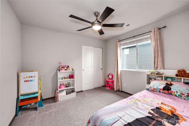 5198 Sophie St, Bremerton, WA 98312 - carpeted bedroom featuring ceiling fan, visible vents, baseboards, and a closet