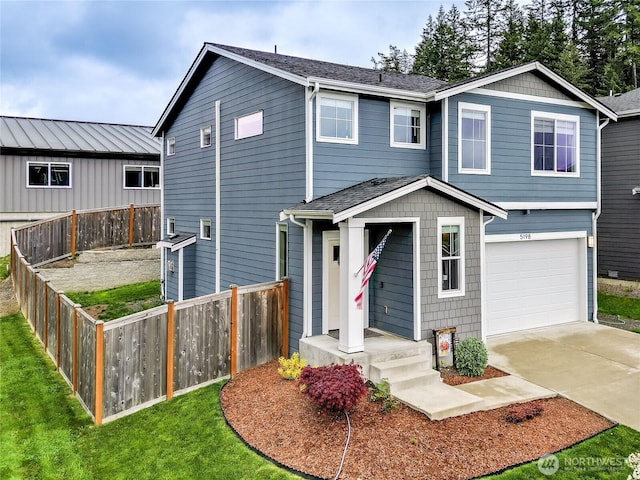 5198 Sophie St, Bremerton, WA 98312 - traditional-style house with driveway, a front yard, a garage, fence, and a shingled roof