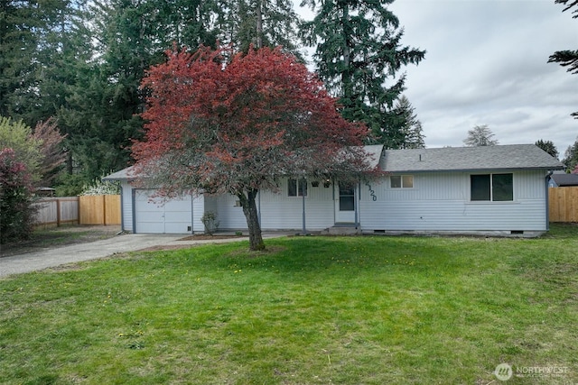 12120 218th Avenue Ct E, Bonney Lake, WA 98391 - view of front of house with fence, a garage, crawl space, a front yard, and driveway
