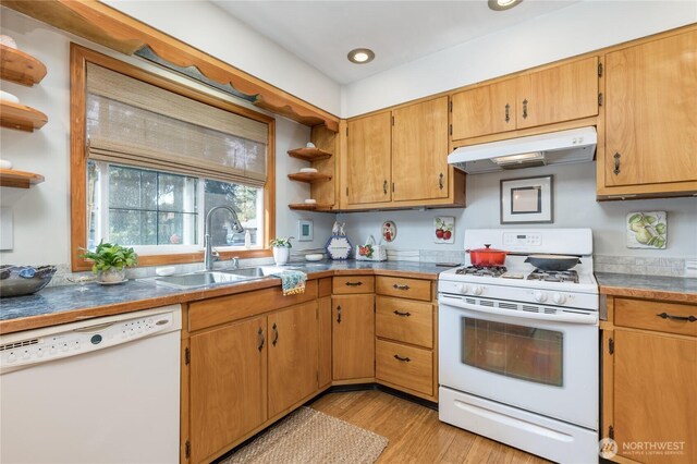 kitchen featuring white appliances, open shelves, under cabinet range hood, and a sink