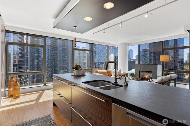 820 Blanchard St Unit 1507, Seattle, WA 98121 - kitchen featuring a sink, a brick fireplace, a view of city, stainless steel dishwasher, and modern cabinets