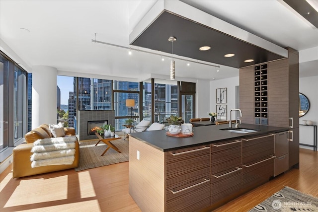 820 Blanchard St Unit 1507, Seattle, WA 98121 - kitchen with a sink, dark countertops, modern cabinets, and light wood finished floors