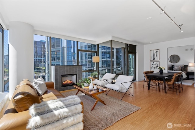 820 Blanchard St Unit 1507, Seattle, WA 98121 - living area featuring a warm lit fireplace, track lighting, expansive windows, and light wood-type flooring