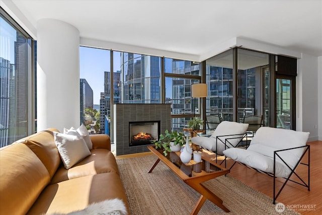 820 Blanchard St Unit 1507, Seattle, WA 98121 - living area featuring a fireplace, a city view, wood finished floors, and expansive windows