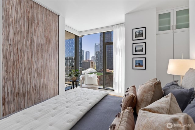 820 Blanchard St Unit 1507, Seattle, WA 98121 - bedroom with a wall of windows, a view of city, and access to exterior