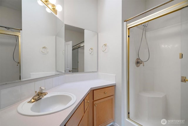 823 Landing Way, Centralia, WA 98531 - full bath with vanity, decorative backsplash, and a stall shower
