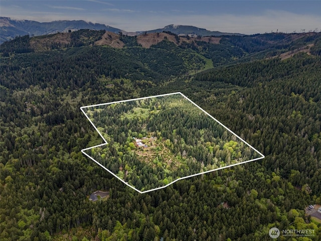7606 Brown Rd SW, Olympia, WA 98512 - aerial view of property and surrounding area featuring a heavily wooded area, property parcel outlined, and mountains