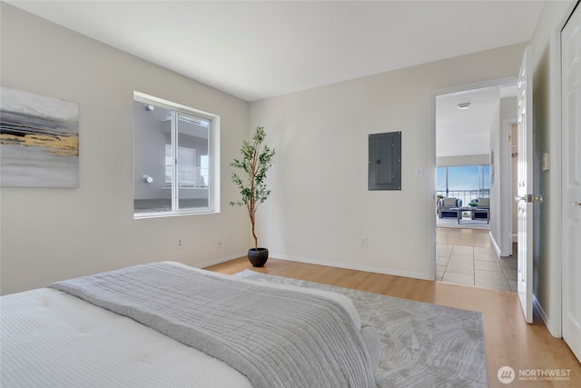 1156 Alki Ave SW Unit 105, Seattle, WA 98116 - bedroom featuring baseboards, light wood-style flooring, and electric panel