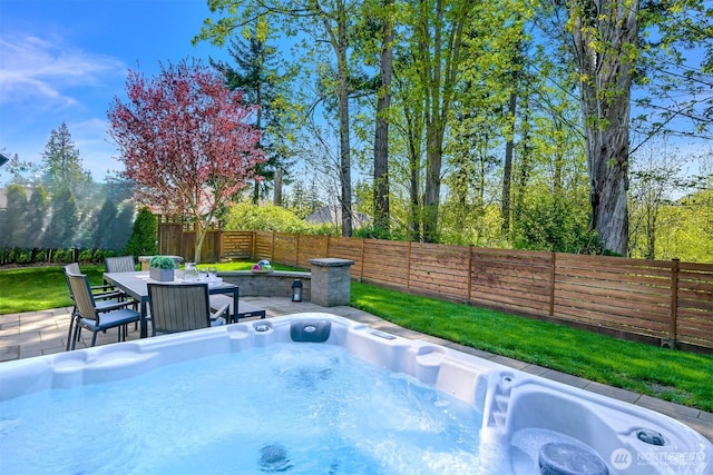 3679 Silver Oak Ct, Bellingham, WA 98226 - view of swimming pool with a fenced backyard, outdoor dining area, and a hot tub