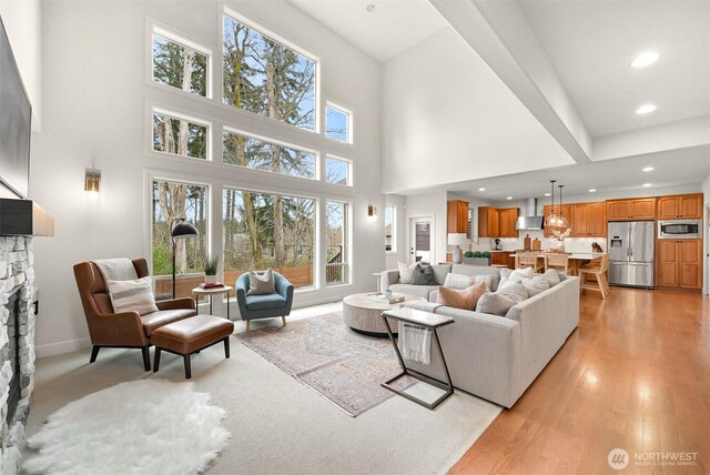 3679 Silver Oak Ct, Bellingham, WA 98226 - living area featuring a high ceiling, light wood finished floors, a fireplace, recessed lighting, and baseboards