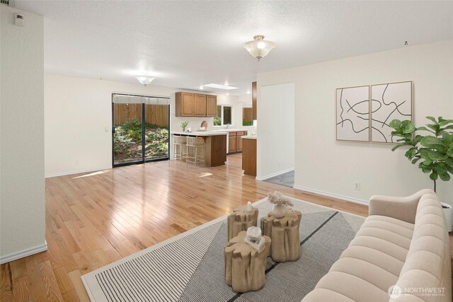 living area featuring baseboards and light wood-style flooring