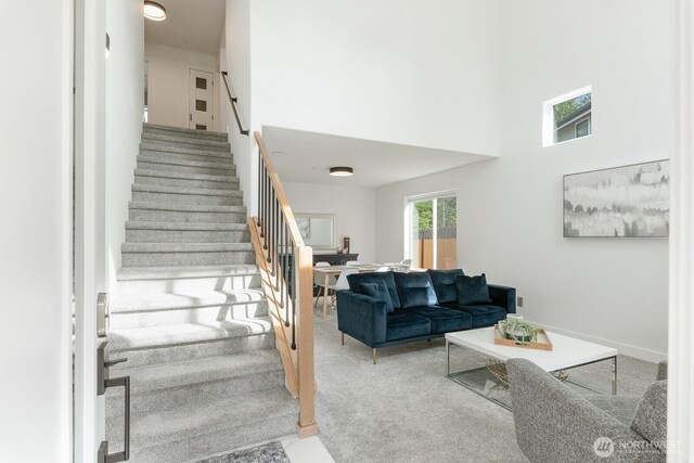 staircase with a high ceiling and carpet flooring