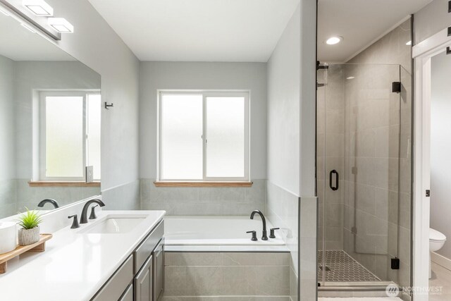 bathroom with vanity, a shower stall, toilet, and a bath