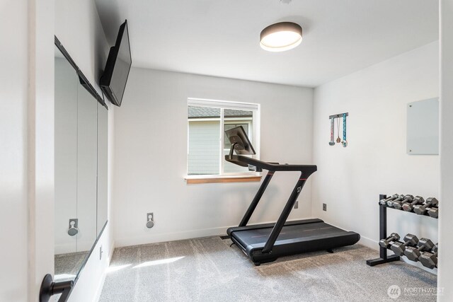 exercise room featuring baseboards and carpet