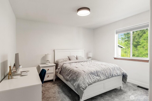 bedroom with dark colored carpet, baseboards, and visible vents