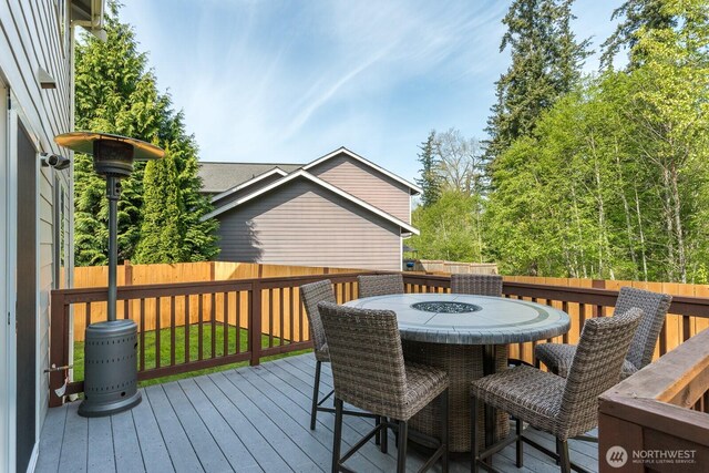 wooden terrace featuring a fenced backyard and outdoor dining space