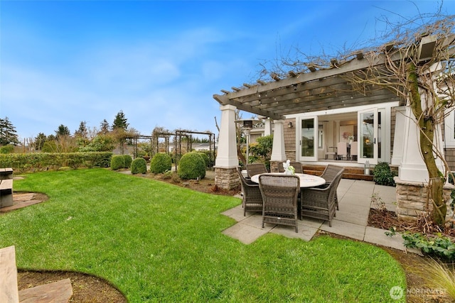 9676 Evergreen Dr, Bellevue, WA 98004 - view of green lawn featuring a pergola, a patio area, and outdoor dining space