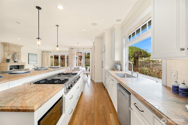 9676 Evergreen Dr, Bellevue, WA 98004 - kitchen featuring a sink, appliances with stainless steel finishes, healthy amount of natural light, tasteful backsplash, and recessed lighting