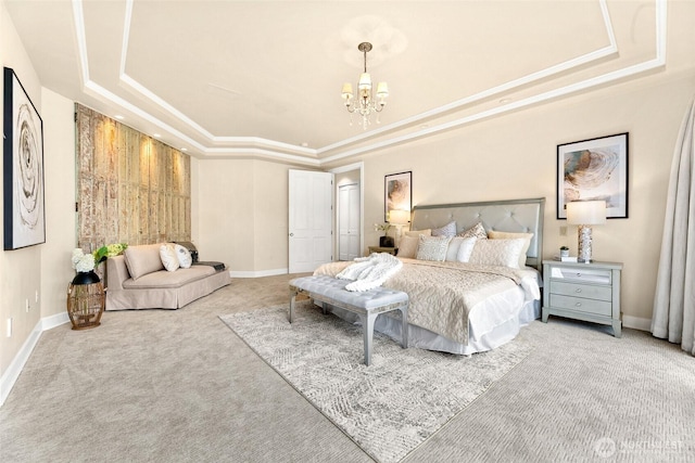 9676 Evergreen Dr, Bellevue, WA 98004 - bedroom featuring a raised ceiling, carpet floors, a chandelier, baseboards, and crown molding