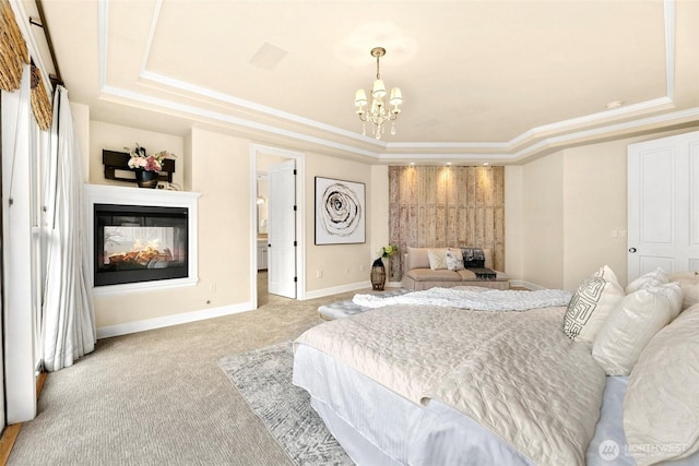 9676 Evergreen Dr, Bellevue, WA 98004 - bedroom with a raised ceiling, carpet, a chandelier, a multi sided fireplace, and crown molding