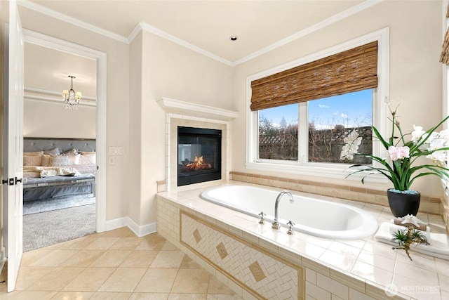 9676 Evergreen Dr, Bellevue, WA 98004 - full bathroom featuring connected bathroom, a bath, a fireplace, baseboards, and tile patterned floors