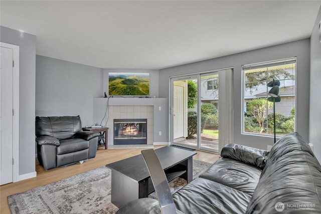 living area with a fireplace and wood finished floors