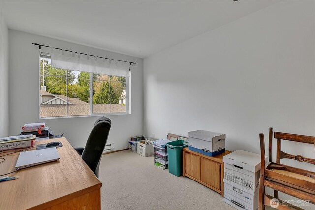 office with light colored carpet and a healthy amount of sunlight