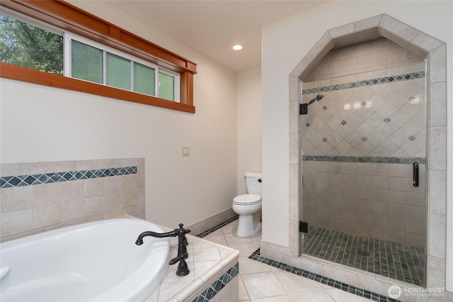 15089 Old Deception Mill Ln, Anacortes, WA 98221 - bathroom with tile patterned floors, a shower stall, toilet, and a garden tub