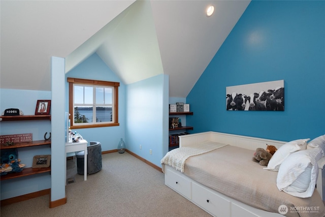 15089 Old Deception Mill Ln, Anacortes, WA 98221 - carpeted bedroom featuring baseboards and vaulted ceiling