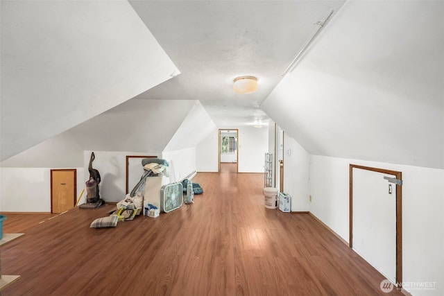 additional living space with wood finished floors and vaulted ceiling