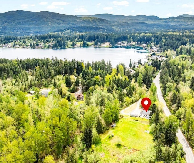 aerial view featuring a wooded view and a water and mountain view