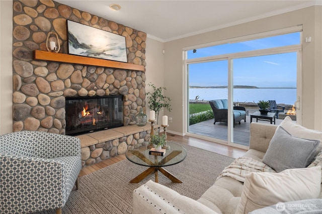 living area featuring a water view, ornamental molding, a stone fireplace, and wood finished floors