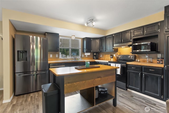 kitchen with appliances with stainless steel finishes, a sink, dark cabinetry, light wood-style flooring, and under cabinet range hood