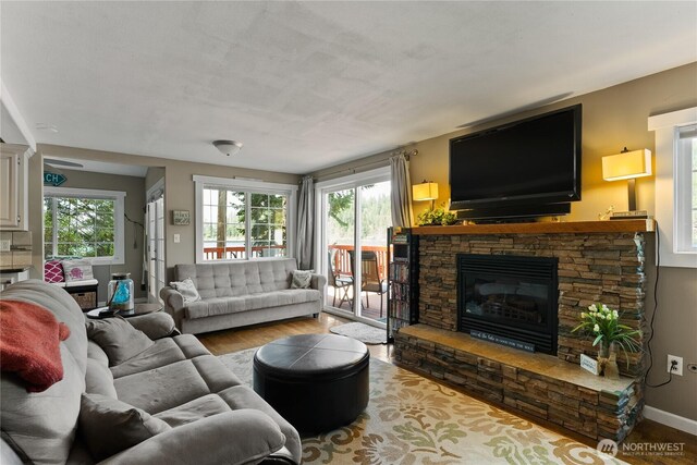 living area with baseboards, wood finished floors, a healthy amount of sunlight, and a fireplace