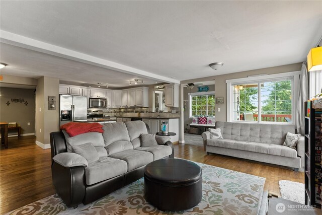 living room featuring baseboards and dark wood-type flooring