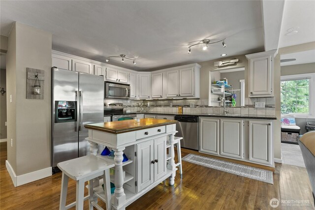 kitchen featuring open shelves, a sink, dark wood finished floors, stainless steel appliances, and butcher block counters