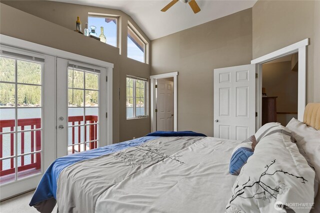 bedroom with access to outside, ceiling fan, and high vaulted ceiling
