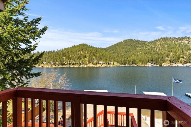 water view featuring a view of trees, a mountain view, and a dock