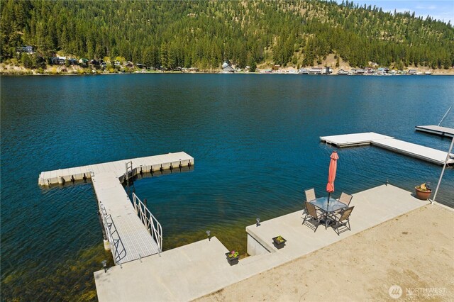 dock area featuring a water view and a wooded view