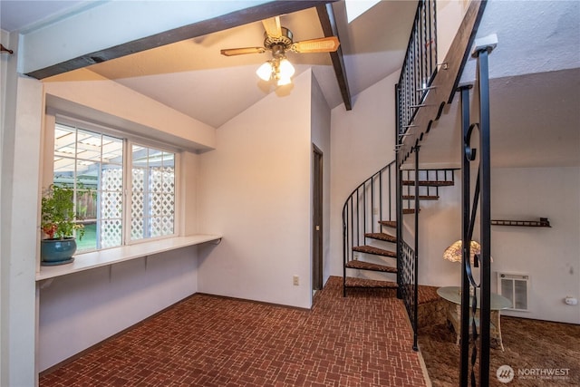 2916 SW 329th St, Federal Way, WA 98023 - interior space with stairs, a ceiling fan, lofted ceiling, and dark carpet