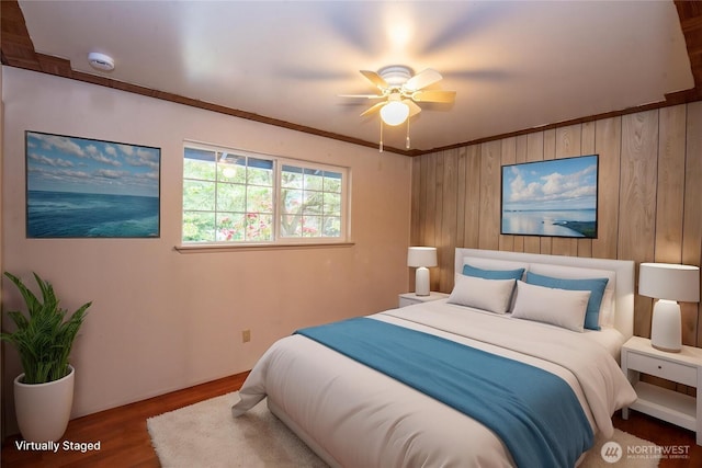 2916 SW 329th St, Federal Way, WA 98023 - bedroom featuring wood finished floors, wood walls, and ceiling fan