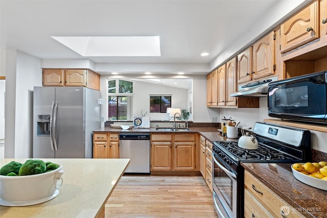 kitchen featuring stainless steel appliances, under cabinet range hood, a skylight, a sink, and light wood finished floors