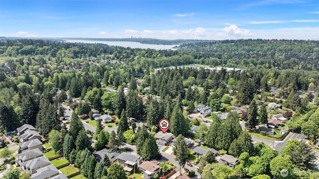 aerial view of residential area with a heavily wooded area and a large body of water