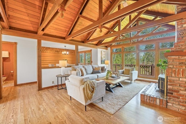 living room featuring a wood stove, beam ceiling, wooden ceiling, high vaulted ceiling, and light wood-style floors