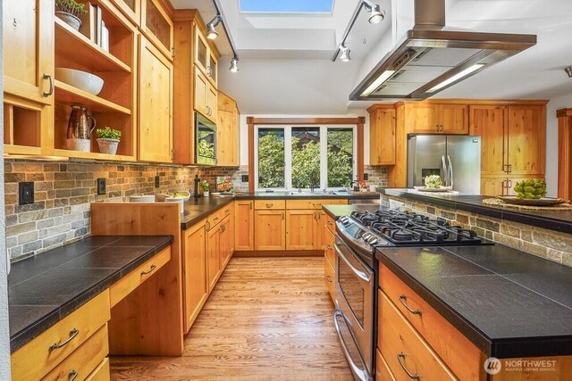 kitchen with backsplash, island range hood, a skylight, appliances with stainless steel finishes, and light wood-style floors
