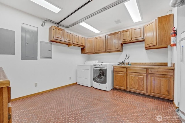 laundry room featuring cabinet space, baseboards, washer and clothes dryer, and electric panel